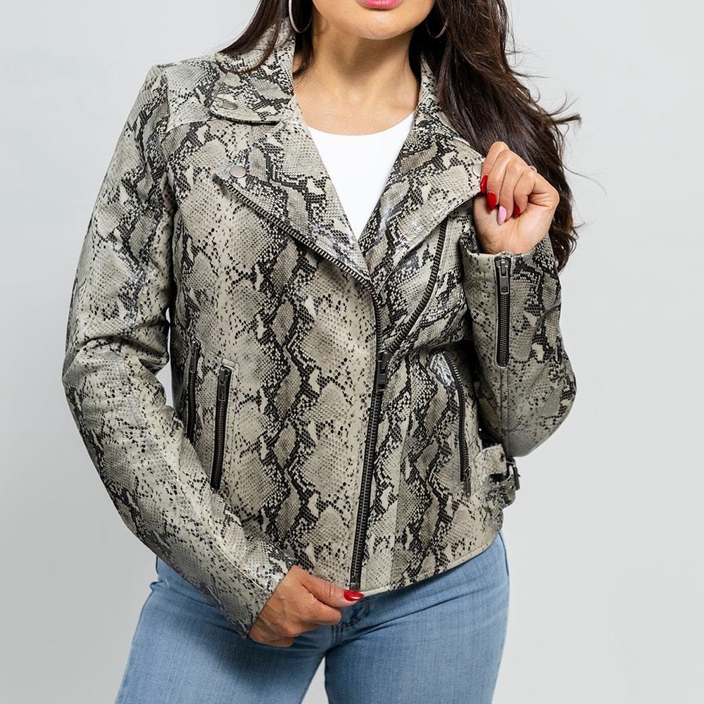 š„ Like New BOOHOO MAN Vegan snakeskin Moto Jacket Silver Zips black & white SZ L